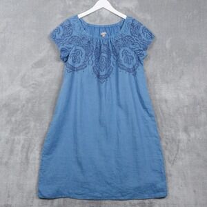 J‎ JILL Linen Eyelet Lace Embroidered Bodice Short Sleeve Shift Dress Blue Sz M
